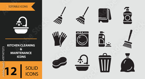 Kitchen cleaning and maintenance icons set in solid black