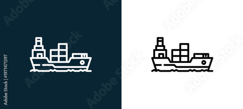 Two-color cargo ship outline icon pair in black and white, editable stroke vector illustration for web, mobile apps, UI design, branding, and print from industrial process