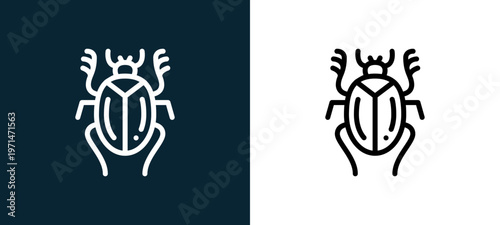 Two-color scarab outline icon pair in black and white, editable stroke vector illustration for web, mobile apps, UI design, branding, and print from desert