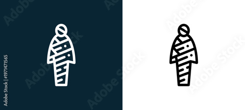 Two-color mummy outline icon pair in black and white, editable stroke vector illustration for web, mobile apps, UI design, branding, and print from desert