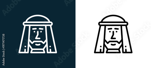 Two-color sheik outline icon pair in black and white, editable stroke vector illustration for web, mobile apps, UI design, branding, and print from desert