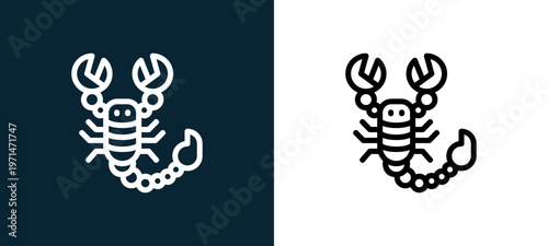 Two-color scorpion outline icon pair in black and white, editable stroke vector illustration for web, mobile apps, UI design, branding, and print from desert