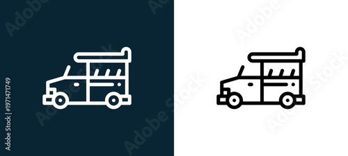 Two-color bus outline icon pair in black and white, editable stroke vector illustration for web, mobile apps, UI design, branding, and print from desert