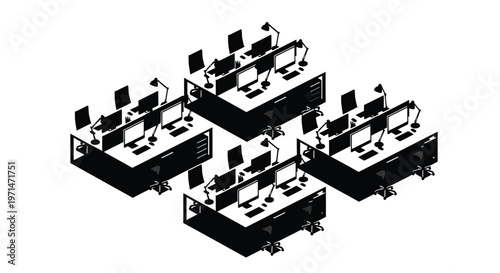 Isometric view of office desks and chairs in a black silhouette