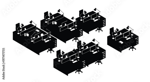 Isometric arrangement of office desks and equipment in a dark silhouette