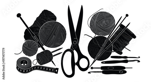 Black and white illustration of knitting tools yarn and scissors silhouette