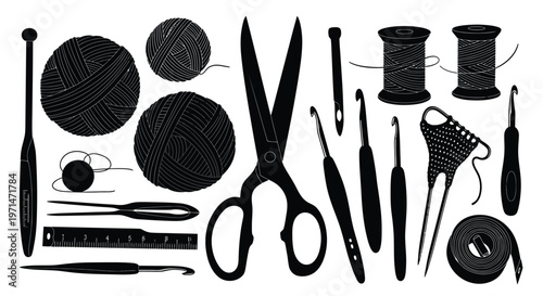 Black silhouette arrangement of knitting and sewing tools on a white background silhouette
