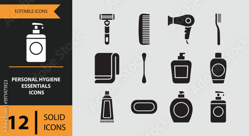 Personal hygiene essentials icons in solid black on gray background