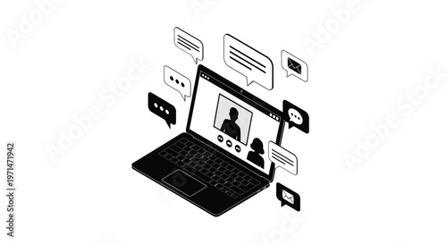 Laptop displaying video call with chat bubbles a modern communication silhouette