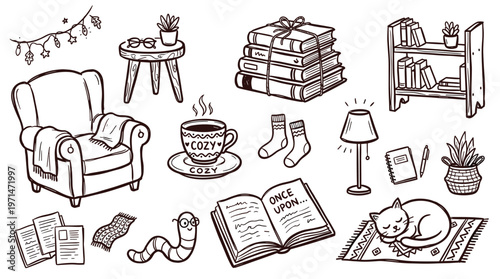 Cozy Reading Nook Scene with Books Cat and Hot Drink Illustration