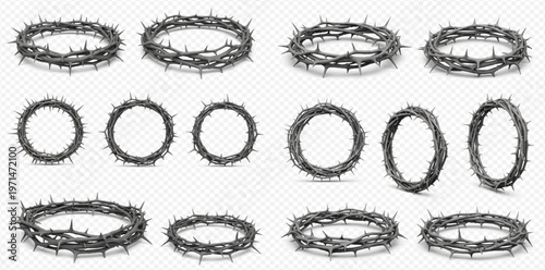 Set of realistic crowns of thorns for religious and symbolic design.