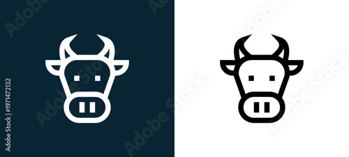 Two-color cow outline icon pair in black and white, editable stroke vector illustration for web, mobile apps, UI design, branding, and print from holland