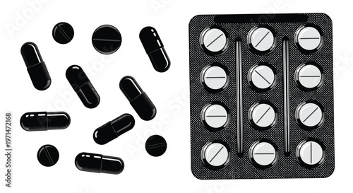 Various pills and capsules displayed in a grid and scattered silhouette