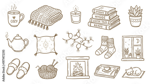 Cozy hygge lifestyle elements collection, warm home comfort, relaxation and leisure objects, hand-drawn sketch style