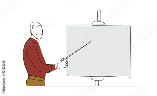 Continuous single line sketch drawing of standing business man doing presentation pointing on board screen projector with stick explain something. One line art vector illustration editable stroke	
