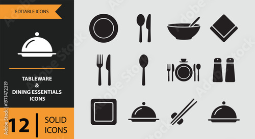 Tableware and dining essentials icons in solid black on gray background