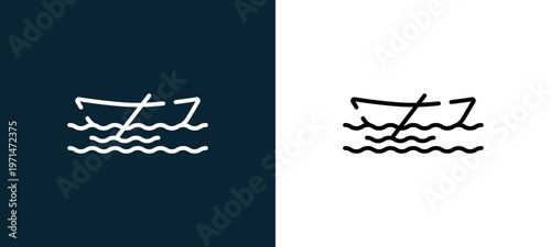 Two-color boat outline icon pair in black and white, editable stroke vector illustration for web, mobile apps, UI design, branding, and print from pirates