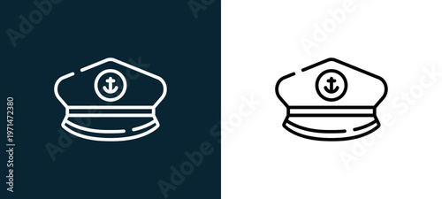 Two-color captain outline icon pair in black and white, editable stroke vector illustration for web, mobile apps, UI design, branding, and print from pirates