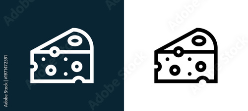 Two-color cheese outline icon pair in black and white, editable stroke vector illustration for web, mobile apps, UI design, branding, and print from holland