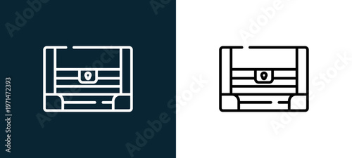 Two-color treasure outline icon pair in black and white, editable stroke vector illustration for web, mobile apps, UI design, branding, and print from pirates