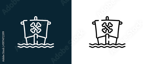 Two-color pirate ship outline icon pair in black and white, editable stroke vector illustration for web, mobile apps, UI design, branding, and print from pirates