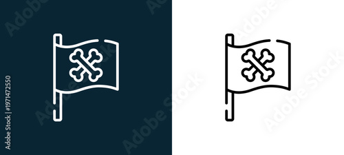 Two-color pirate flag outline icon pair in black and white, editable stroke vector illustration for web, mobile apps, UI design, branding, and print from pirates