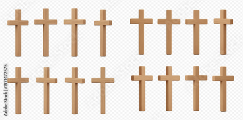 Collection of wooden crosses representing faith, religion, and spirituality on a transparent background.