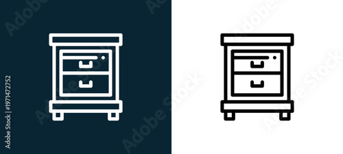 Two-color nightstand outline icon pair in black and white, editable stroke vector illustration for web, mobile apps, UI design, branding, and print from home and living
