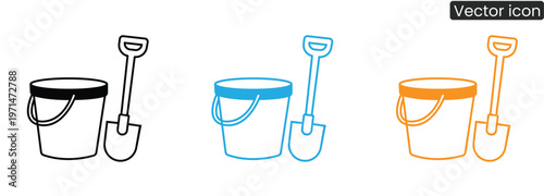 Buckets and shovels in black, Blue, And orange on white background