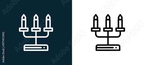 Two-color candelabra outline icon pair in black and white, editable stroke vector illustration for web, mobile apps, UI design, branding, and print from home and living