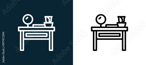 Two-color dressing table outline icon pair in black and white, editable stroke vector illustration for web, mobile apps, UI design, branding, and print from home and living