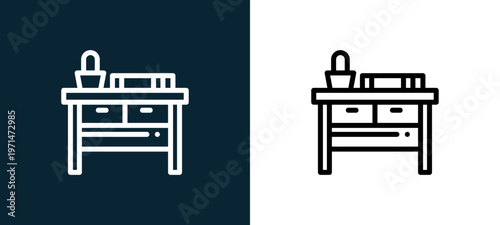Two-color nightstand outline icon pair in black and white, editable stroke vector illustration for web, mobile apps, UI design, branding, and print from home and living