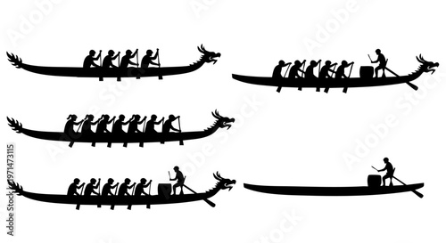 Dragon Boat Silhouette Set Racing Teams Cultural Festival Sport Icons