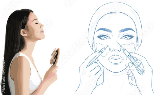 Hair Care and Facial Skincare Routine Vector Illustration with Woman Brushing Hair and Applying Face Treatment Cosmetic Procedure Design