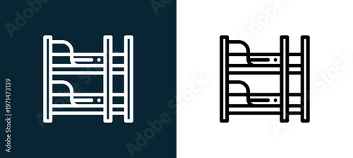 Two-color bunk bed outline icon pair in black and white, editable stroke vector illustration for web, mobile apps, UI design, branding, and print from home and living