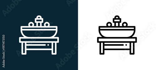 Two-color sink outline icon pair in black and white, editable stroke vector illustration for web, mobile apps, UI design, branding, and print from home and living