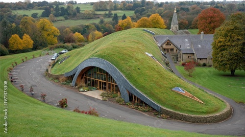 Modern structure featuring an extensive living grass roof blending into surrounding rolling countryside