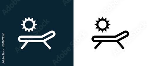 Two-color sunbed outline icon pair in black and white, editable stroke vector illustration for web, mobile apps, UI design, branding, and print from water park