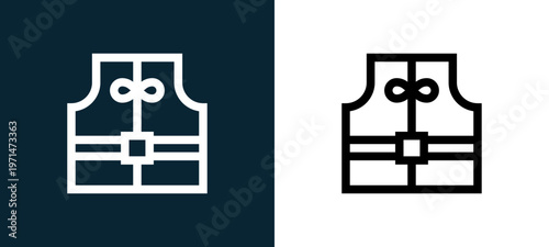 Two-color life vest outline icon pair in black and white, editable stroke vector illustration for web, mobile apps, UI design, branding, and print from water park
