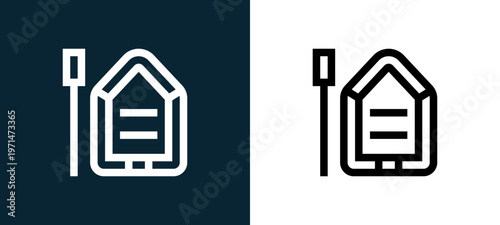 Two-color boat outline icon pair in black and white, editable stroke vector illustration for web, mobile apps, UI design, branding, and print from water park
