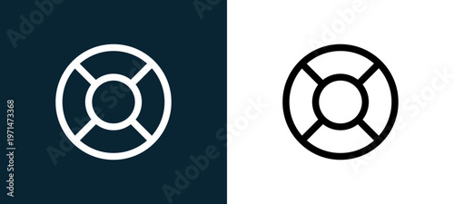 Two-color lifebuoy outline icon pair in black and white, editable stroke vector illustration for web, mobile apps, UI design, branding, and print from water park