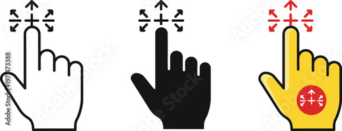 Gesture icons set showing finger drag and move direction on screen for user interface design as flat vector graphic