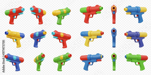 Set of colorful plastic water guns for summer fun and play.