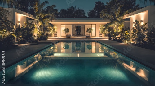 Modern luxury villa with pool at sunset. Contemporary architecture for elite real estate. Elegant evening lighting and water reflection.