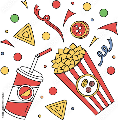 Seamless vector illustration of a birthday party pattern set featuring cartoon icons of beer, soda, coffee, pizza, and sweet dessert cupcakes