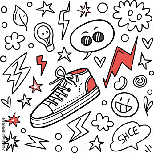Fun doodle sticker set, sneaker graffiti icons, cartoon shoe decorations, colorful hand drawn illustrations