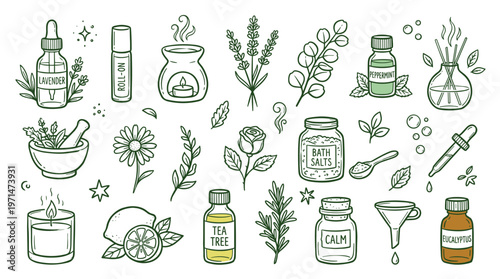Aromatherapy and Natural Wellness Collection Hand Drawn Elements for Health and Self Care Designs