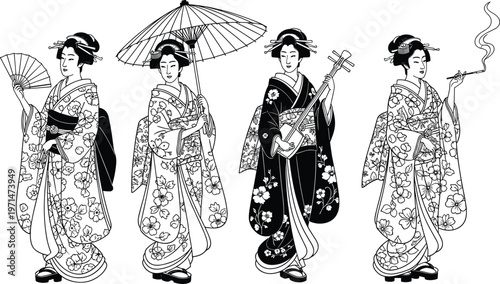 Japanese Geisha Line Art Vector Illustration Set with Traditional Kimono, Umbrella, Fan and Shamisen Japanese Culture Characters Collection