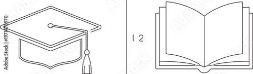 Minimalist education icons set, graduation cap and open book line art, 12 academic vector elements for school and university branding