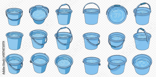 Set of blue plastic buckets with water in various angles and perspectives, isolated on transparent background.